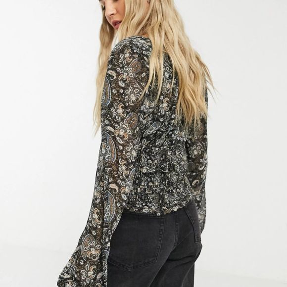 NWT FREE PEOPLE Lolita Printed Volume Sleeve Peasant Blouse XS - Picture 5 of 11